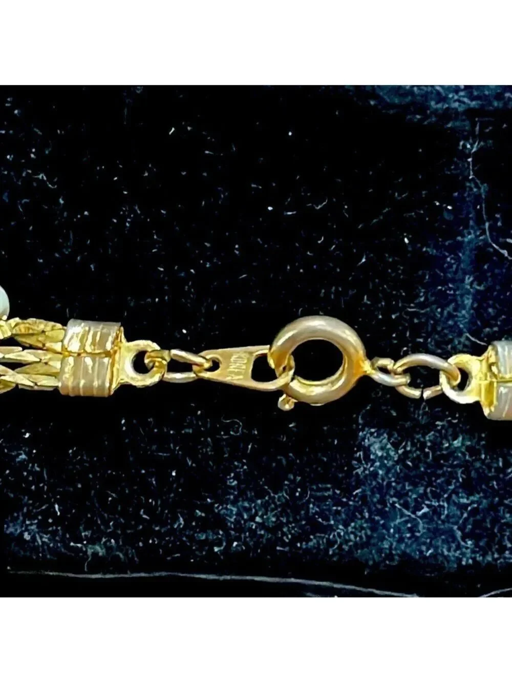 Korea Vintage 5 strand woven gold tone collar chain with white beads_5